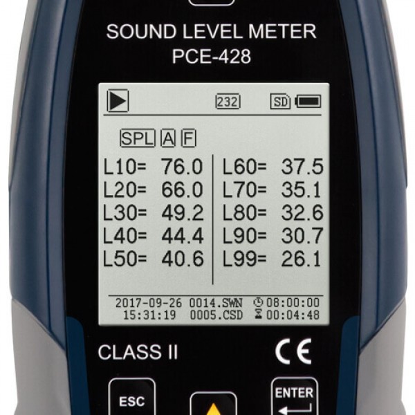 PCE-432 профессиональный шумомер с октавной полосой 1/1 или 1/3 с сертификатом ISO (класс 1) и GPS